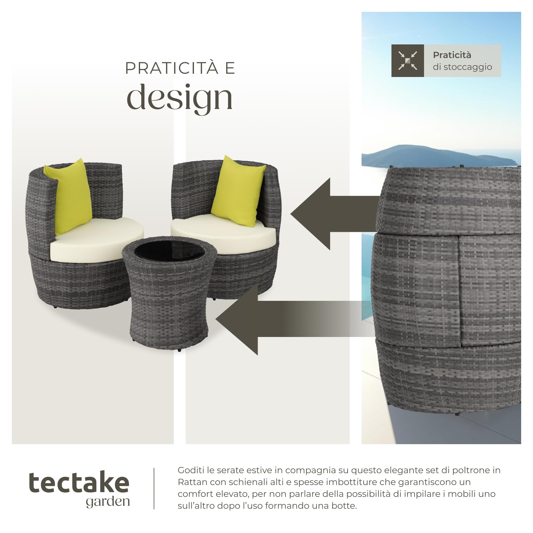 tectake® Set di Mobili da Giardino, Poli Rattan e Alluminio, 2 Sedie, 1 Tavolo, 1 Vaso, Cuscini, Sedia da Esterno, Poltroncina, Set Balcone, Poltrona Giardino, Tavolo con Sedie Esterno - Grigio