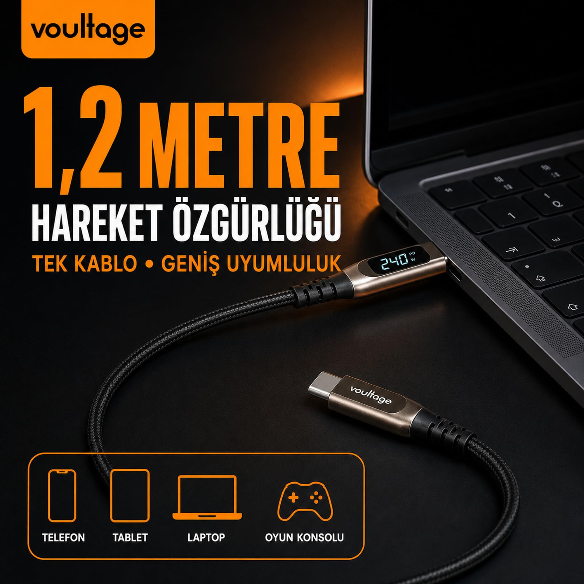 Voultage Type-C To Type-C 240W 1.2 M Dijital Watt Göstergeli Metal Uçlu Şarj Kablosu iPhone 17, 16, 15, Samsung Galaxy S24, S23, Pixel, iPad, MacBook, Nintendo, Xiaomi Uyumlu, Siyah