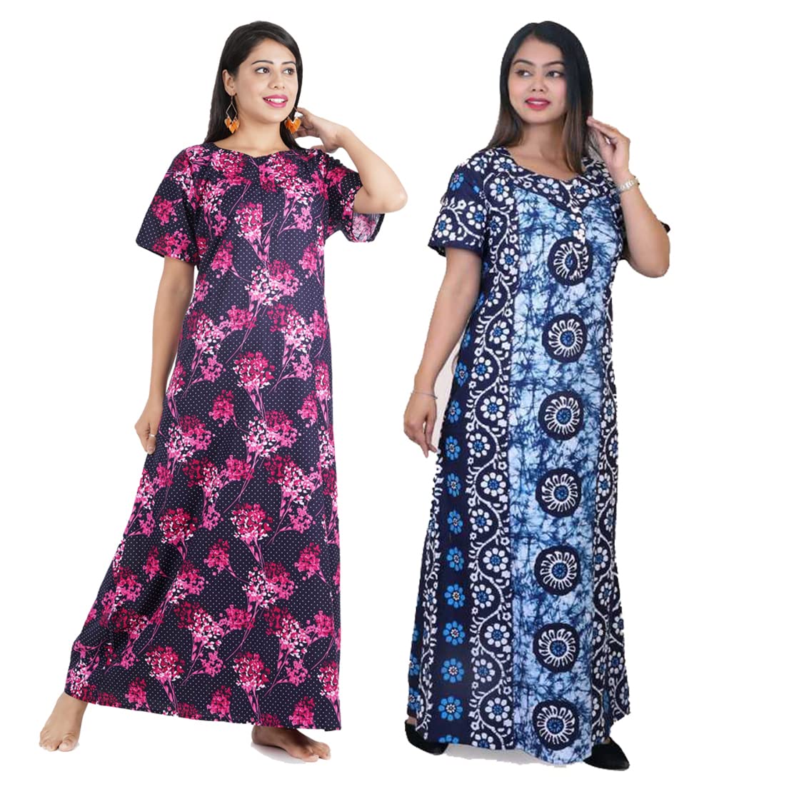 Afreet FashionWomen's Cotton Block Print Maxi Nighty (Pack of 2) (SH1, Multicolored, Free Size)