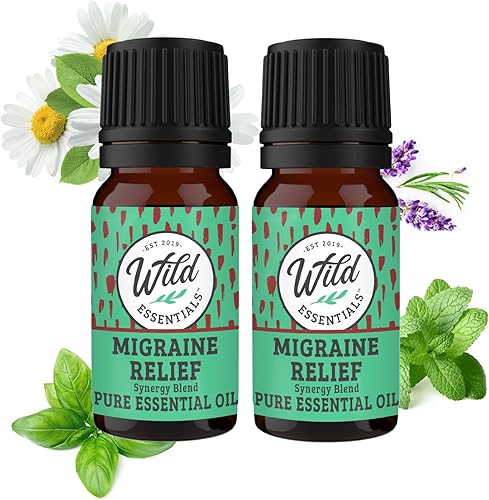 Wild Essentials - Aceite esencial 100% puro para aliviar la migraña, mezcla de sinergia, paquete de 2 unidades de 0.3 fl oz, fórmula para migrañas,