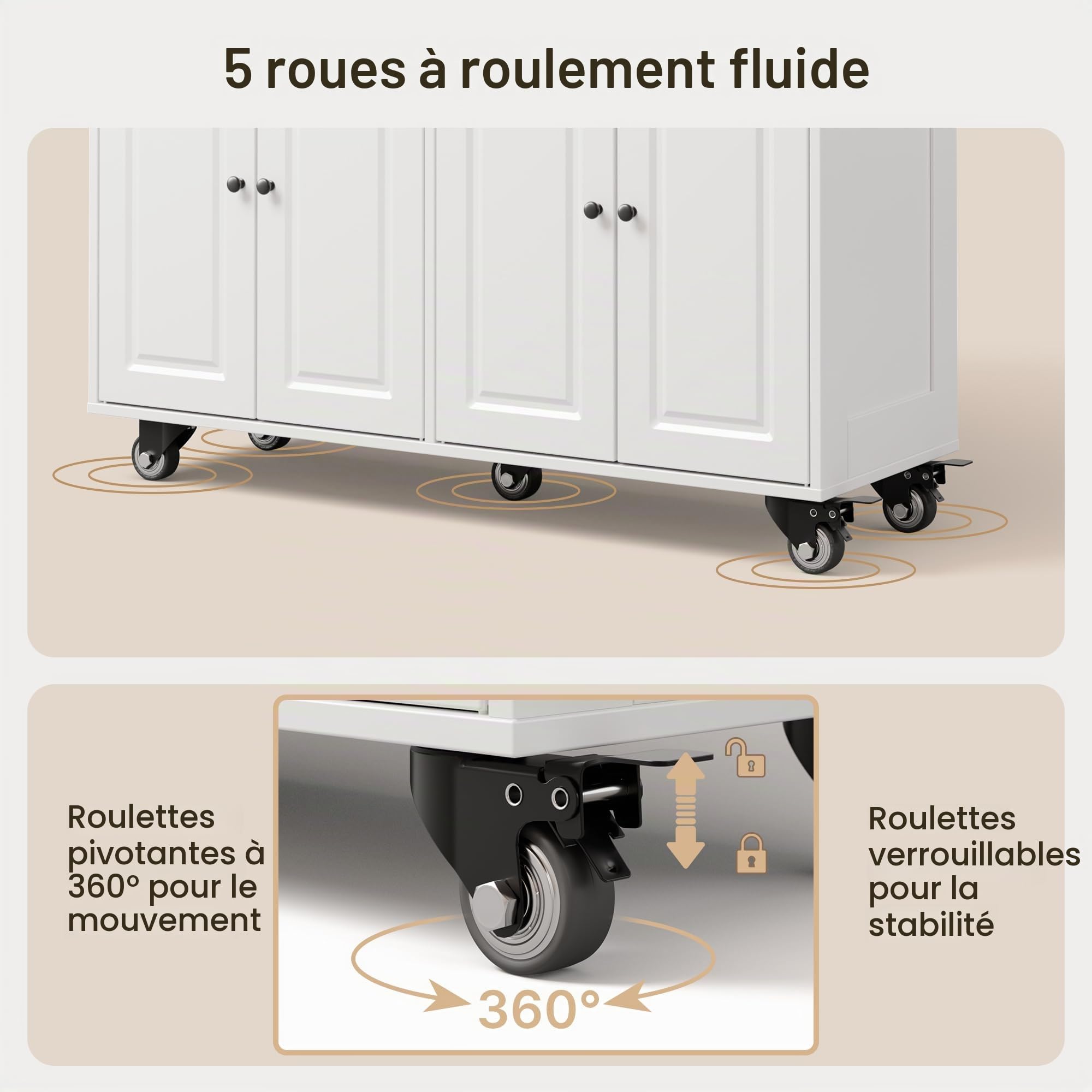 Xbro Îlot de Cuisine Mobile 145x75x90 cm sur roulettes, Chariot avec Tiroirs et Armoires, Plan de Travail en Bois, Meuble de Rangement pour Espace Restreint (Blanc)