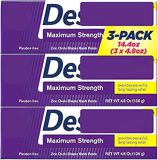 Maximum Strength Diaper Rash Cream – 40% Zinc Oxide Paste, Hypoallergenic & Paraben-Free, Rash Treatment & Prevention for Babies, 4.8 oz Tubes (3-Pack)