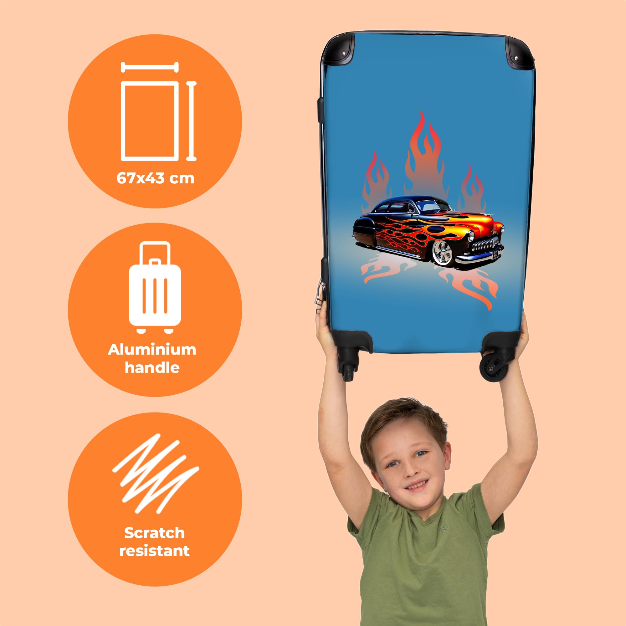 NoBoringSuitcases© Valigia Grande - 90 litri - da viaggio | Auto - Fiamme - Fuoco - Blu - Vintage - Chiusura a combinazione TSA - Trolley Rigido 4 ruote