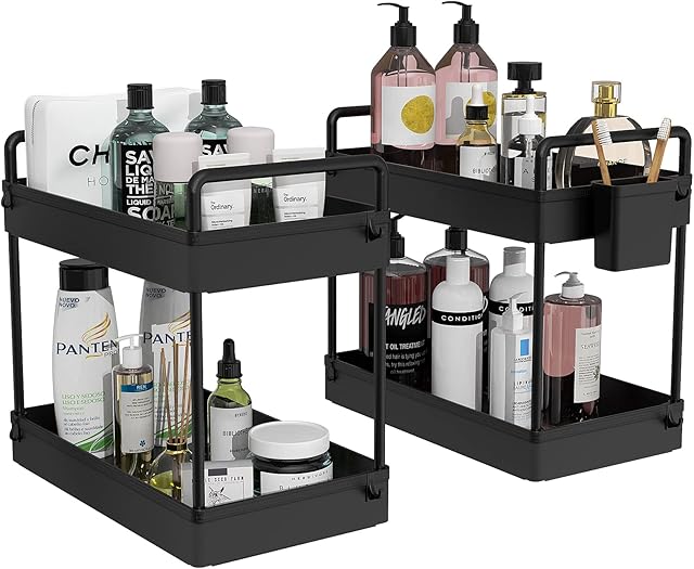 Ronlap 2 Pack Under Sink Organizers and Storage, 2 Tier Bathroom Organizer Under Sink with Handle Hanging Cup Dividers, Plastic Kitchen Organization and Storage Under Sink Cabinet Counter Shelf, Black