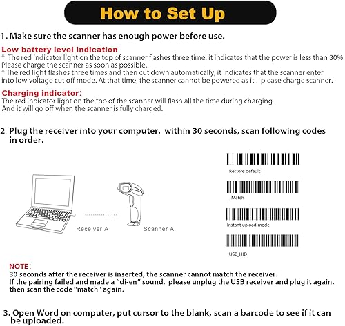 Miniatura 7 de NADAMOO Escáner de código de barras inalámbrico de 328 pies de distancia de transmisión USB inalámbrico 1D láser automático lector de código de
