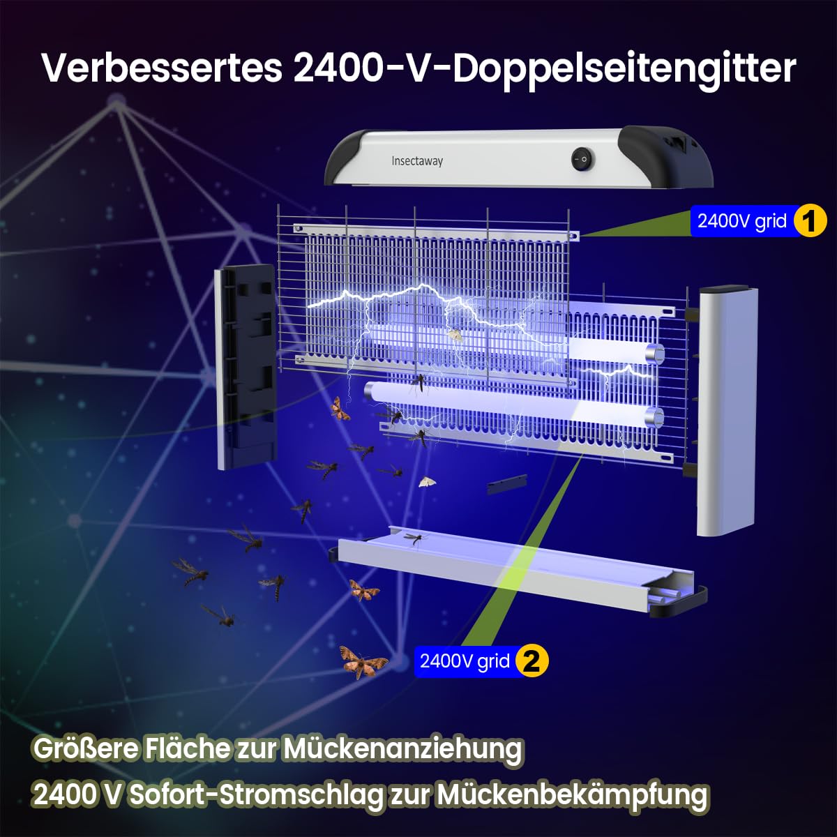 Insektenvernichter Elektrischer 2PCS, 20W UV Doppelgitter 2400V Fliegenfalle Elektrisch Mückenfalle Insektenfalle, Moskito Killer Mückenlampe mit Wandkette für Innen AuÃŸen Mücken