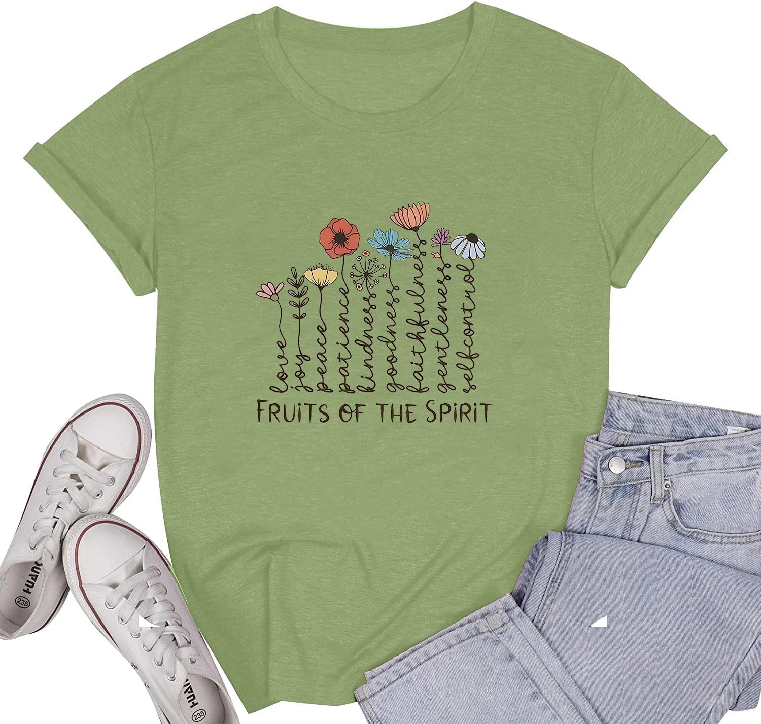 Women's Christian Shirt Fruit of The Holy Spirit Flower T-Shirt Inspirational Bible Text Top