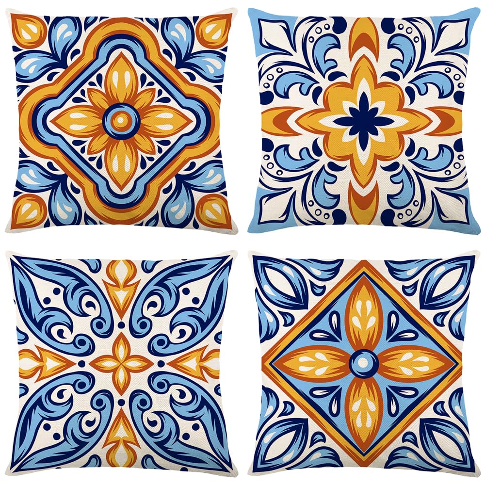 wyooxoo Decorative Blue Pillow Covers 18x18 Outdoor Farmhouse Pillow Covers Cushion Cover Set of 4 Linen Square Throw Pillow Cases for Couch Sofa Car Living Room Patio Furniture