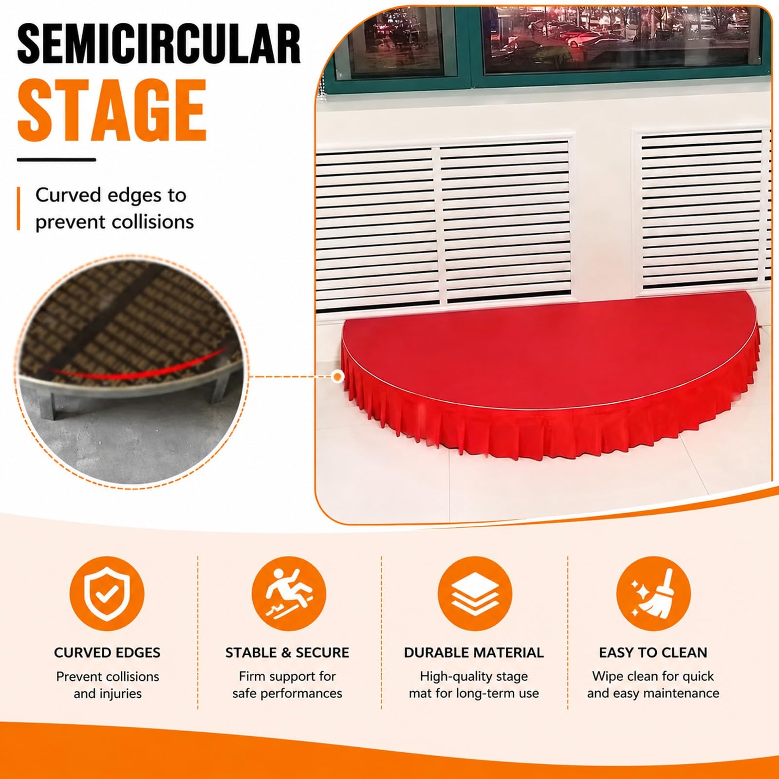 Palco semicircolare portatile per bambini, piattaforma per palcoscenico inclusa, grembiule, elevata capacità di carico, ideale per ospitare discorsi in pubblico e canti(Red B,100x50cm)