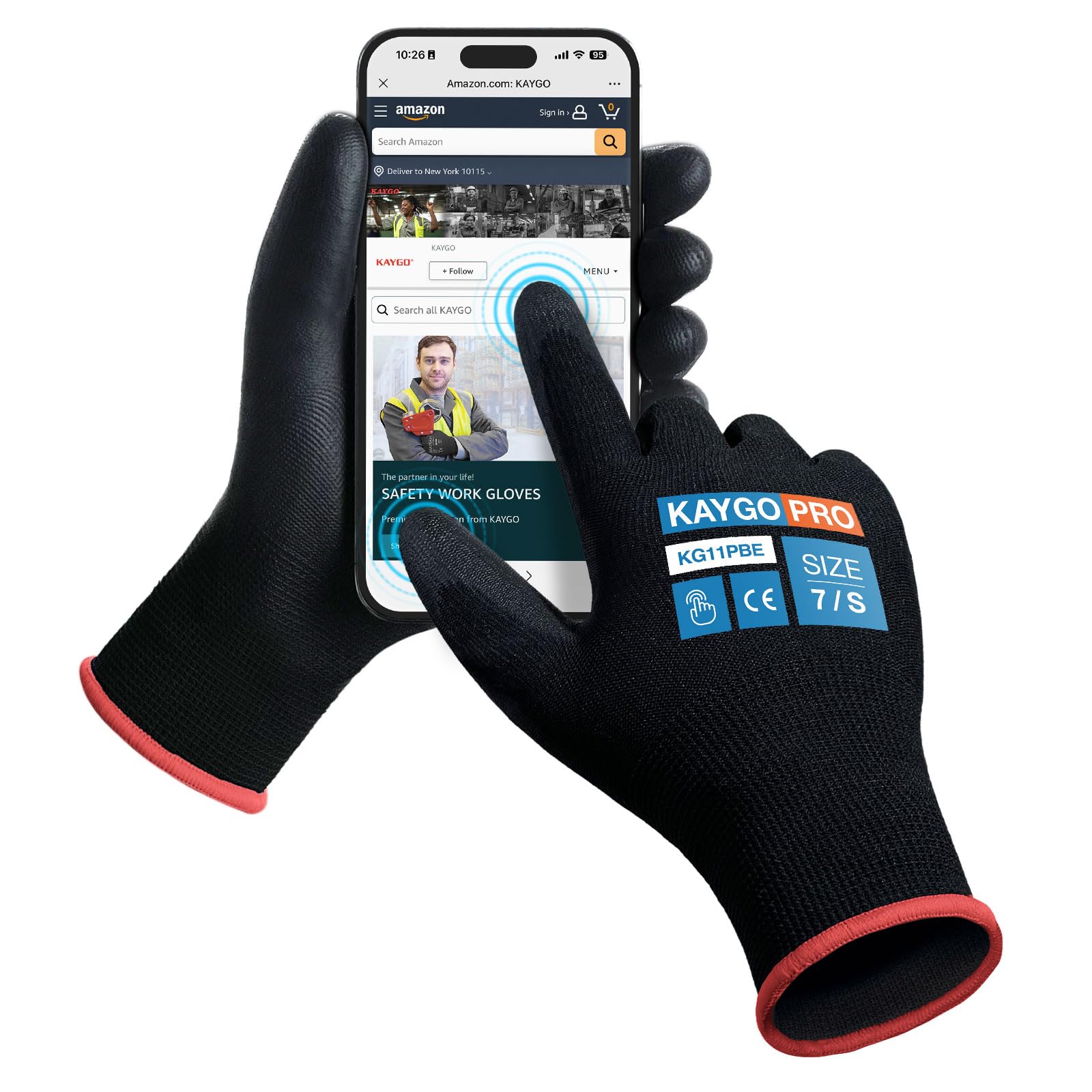 KAYGO Safety Work Gloves PU Coated for Men and Women- KG11PB,60 Pairs,Seamless Knit Glove with Two Fingers Touchscreen,Ideal for General Duty Work (S,Black)