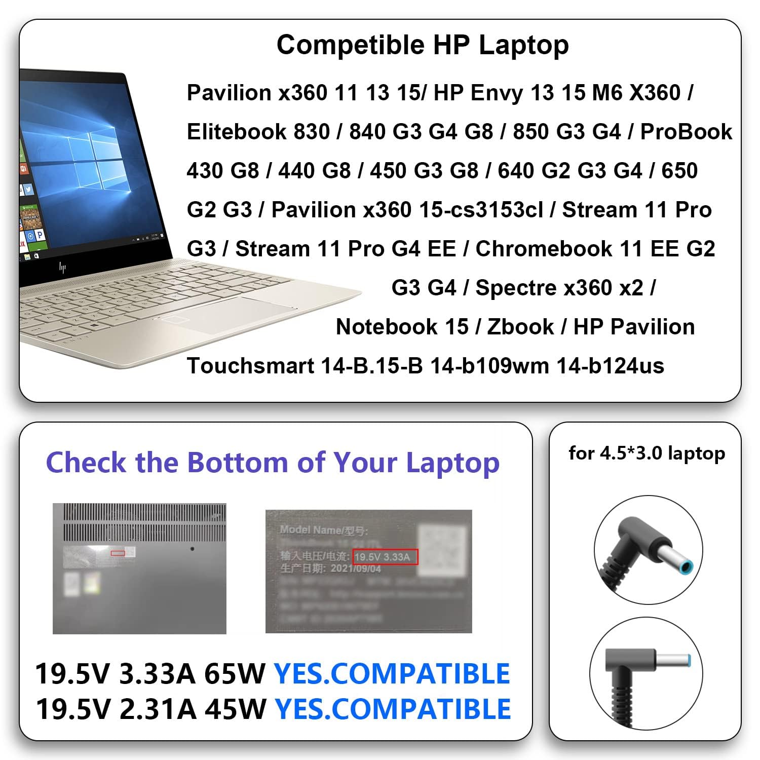 Caricabatterie HP 65W Per Pavilion, Elitebook, ProBook, Envy E Zbook, Connettore Blu Da 4.5x3.0mm – 19.5V 3.33A - 2
