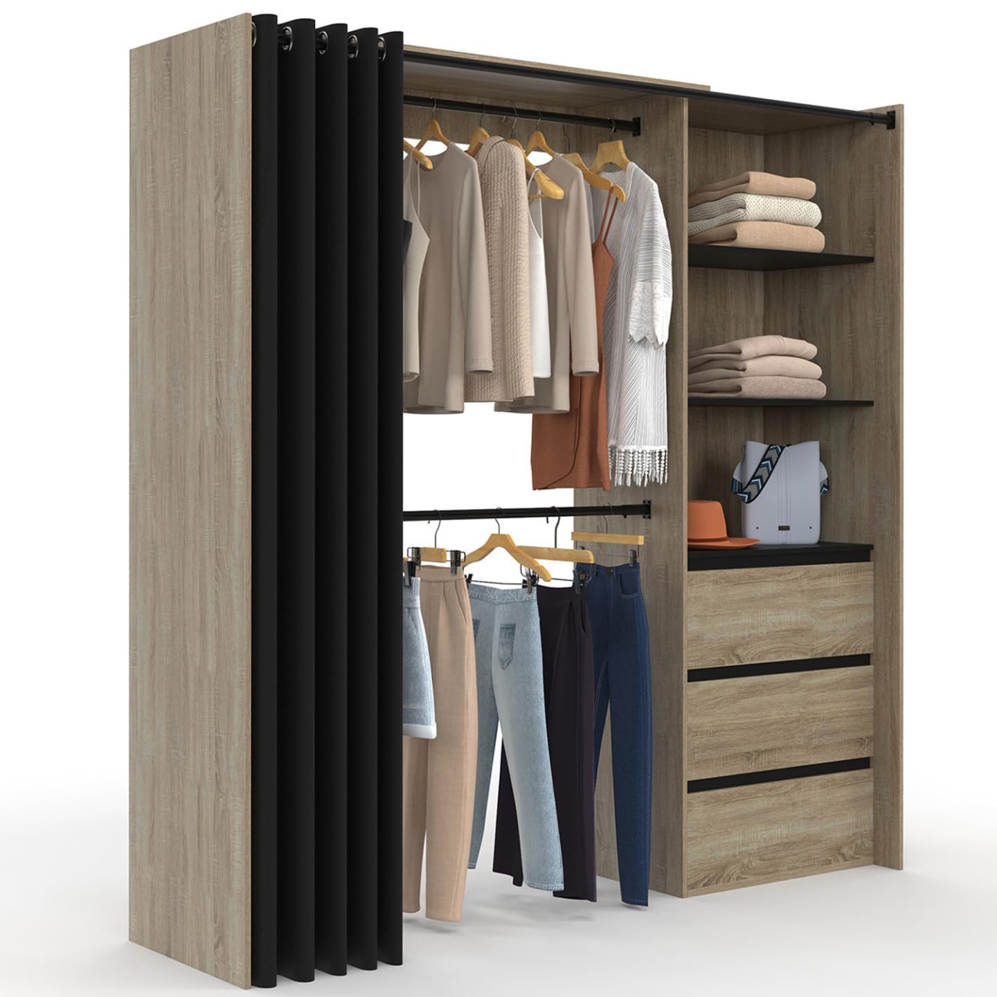 IDMarket - Dressing extensible MARTY 120/​170 x 50 x 180 cm hêtre avec 3 tiroirs + étagères + double penderie + rideau noir