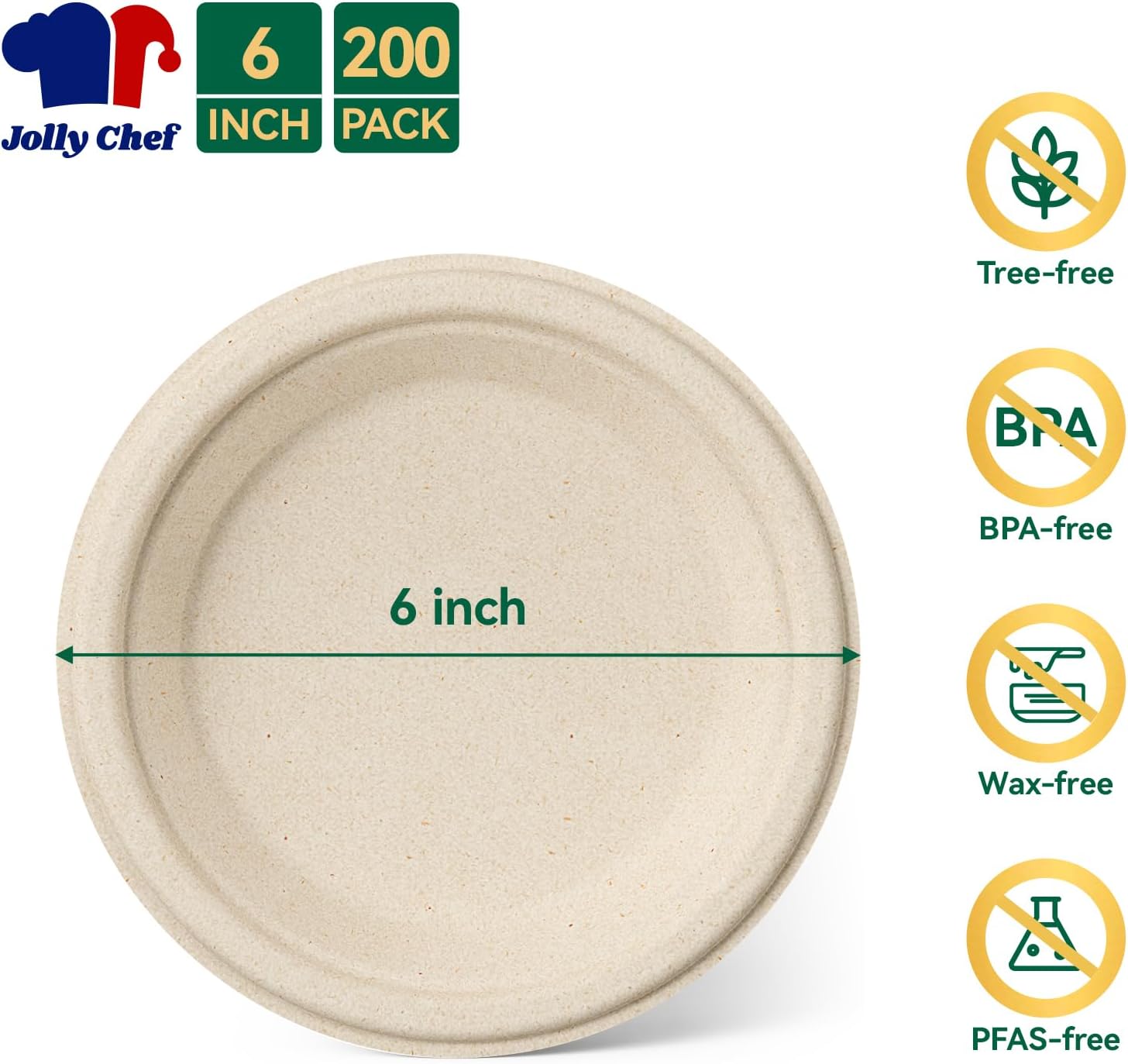 JOLLY CHEF 100% Compostable Small Paper Plates, 200 Pack 6 Inch Heavy Duty Dessert Plates, Disposable Biodegradable Eco-Friendly Sugarcane, Bulk Nature - Image 5