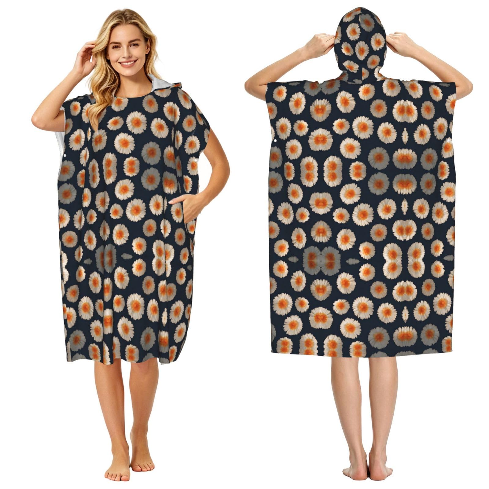 EZDLOWVBA Daisy Pattern Print Hooded Poncho Microfiber Beach Towel,Adult Women & Men Changing Robe,Lightweight Summer Surf Swim Bath Poncho Towel
