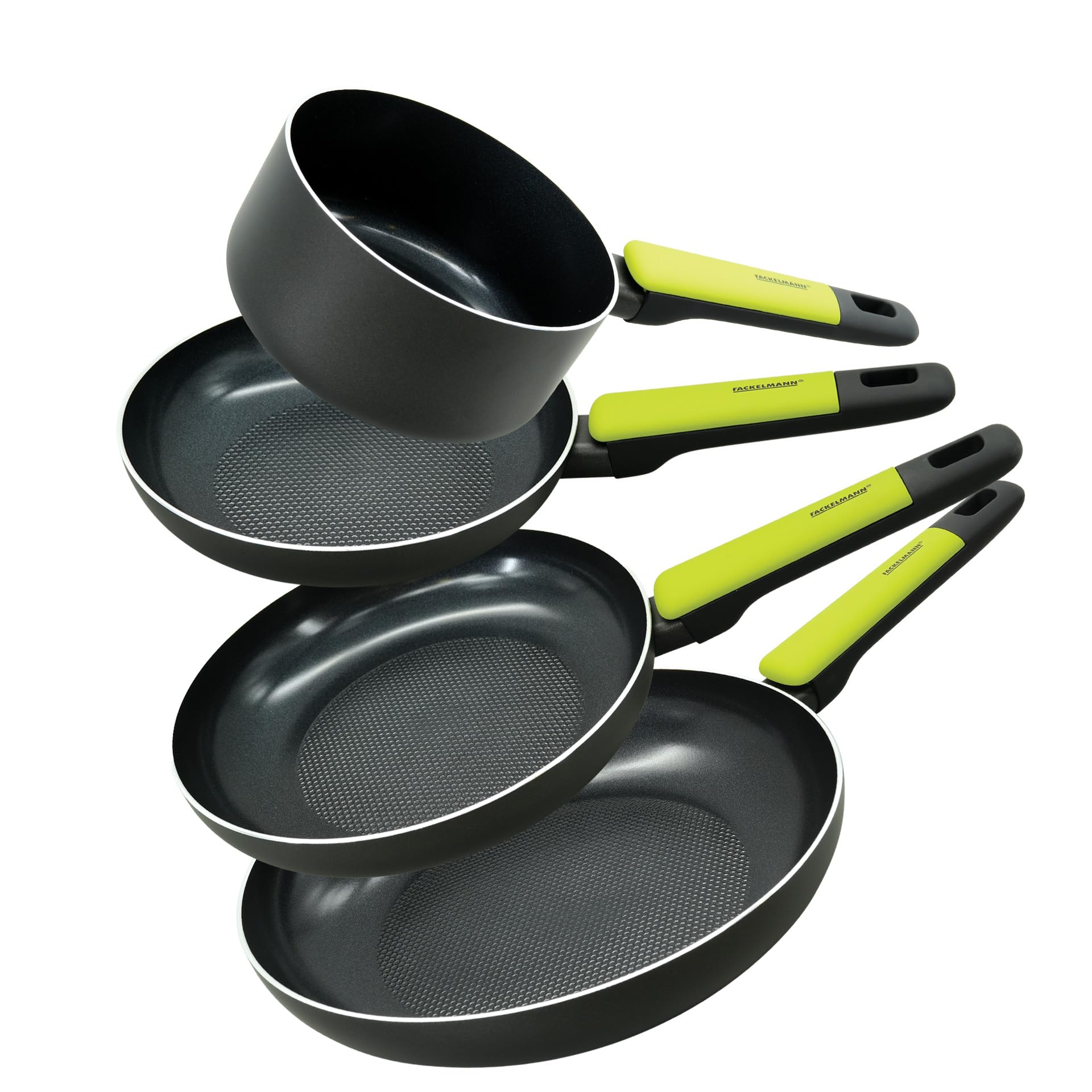 Fackelmann Set di Padelle Antiaderenti PFAS Free, Set Cucina con 3 Padelle Grandi e Medie e 1 Pentolino Casseruola per Salse, Fondo da 4 mm per Piani Cottura a Induzione e Gas, Linea Oliva