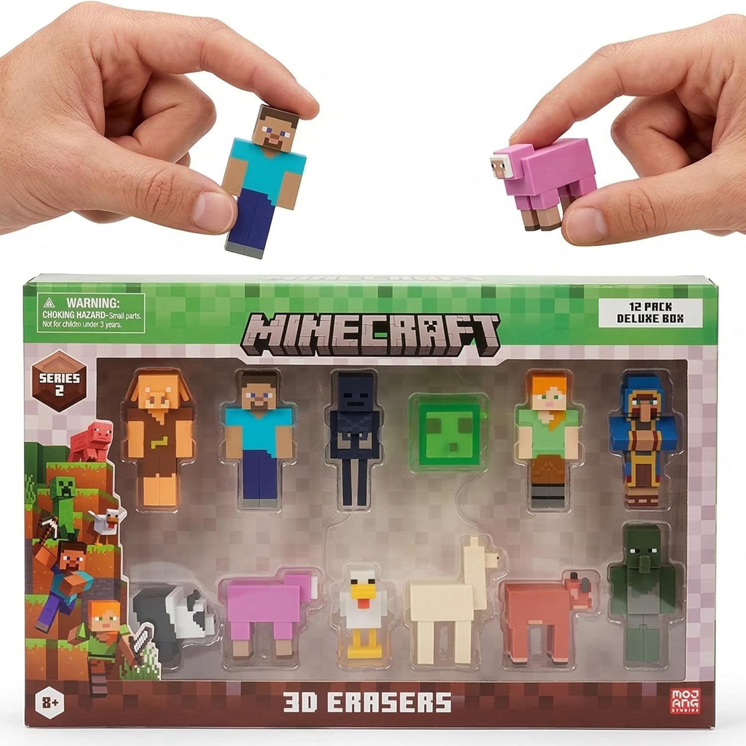 Minecraft 3D Erasers Series 2 Collector Set – Officially Licensed Minecraft Mini Figures by PMI – 12 Character Erasers with Steve, Alex, Piglin, Slime & Animal Characters