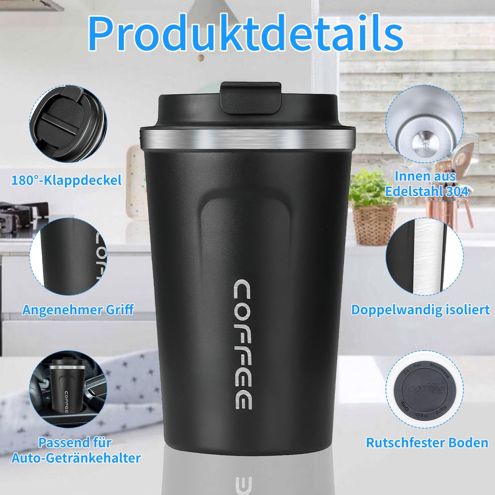 Lot de 4 tasses à café à emporter - 380 ml - Gobelets isothermes à double paroi avec couvercle anti-fuite - Tasse de voyage pour café et thé - Blanc, vert, noir, rose