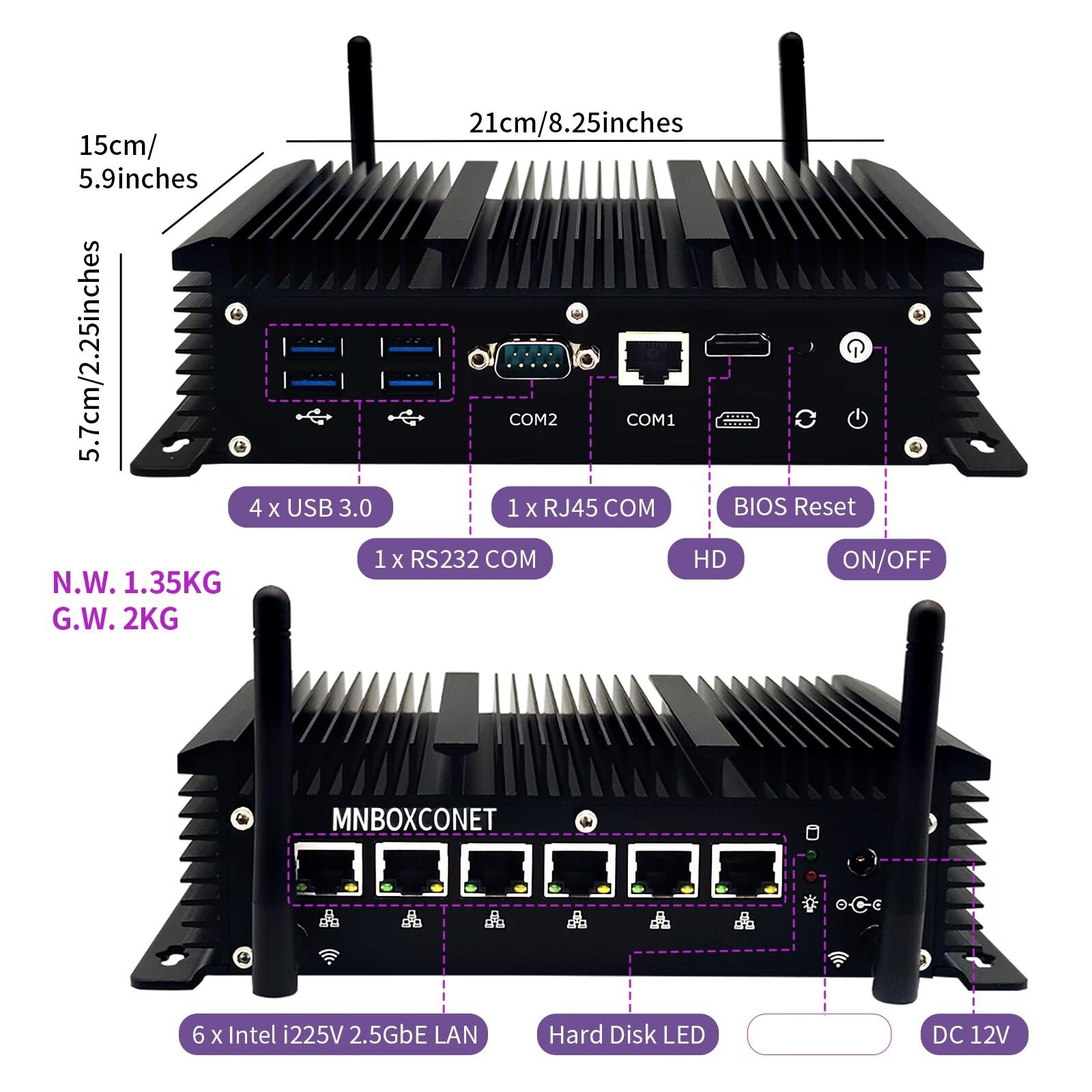 Fanless Industrial Firewall Mini PC Quad Core i5 10210U Micro Router Appliance, 6 x 2.5 GbE i225V LAN, Barebone, NO RAM NO Storage, Support Windows OPNsense, COM, WiFi6, BT5.2, SIM Slot