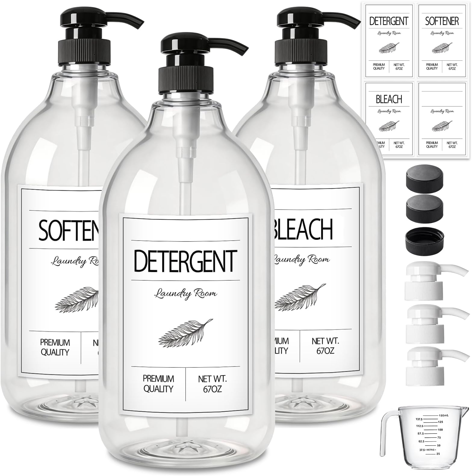 Gmisun Laundry Detergent Soap Dispenser, Liquid Container For Farmhouse Room Decor, Organizer Detergentsoftenerbleach Storage Bottle(64 Oz Set Of 3)