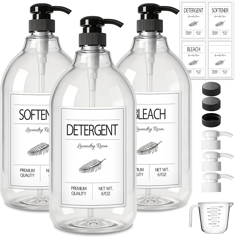 GMISUN Dispensador de jabón para detergente para ropa, dispensador de detergente líquido para ropa, contenedor para decoración de lavandería de granja, organizador para suavizante líquido, botella de plástico resistente (64 oz, 3 unidades)