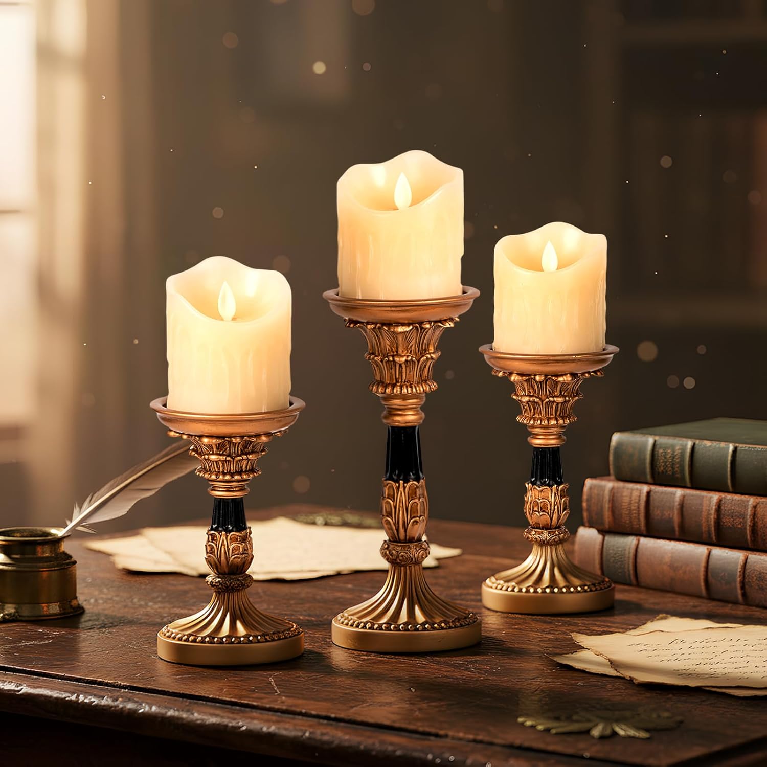 Vintage Candle Holders Set of 3 – Hand-Painted Resin Pillar Candle Stands – Antique Gold Decorative Candle Holder Set for Table Centerpiece, Mantel, Wedding, and Home Decor
