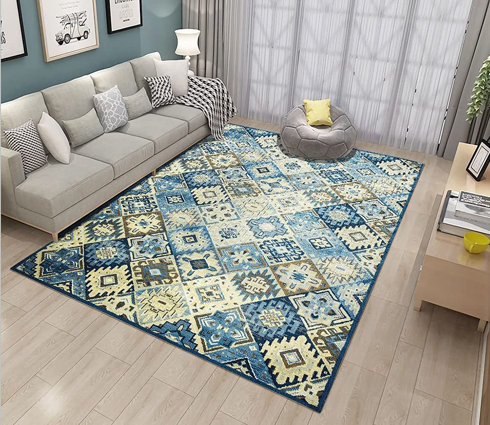 Tapis de zone traditionnel bleu pour décor à la maison