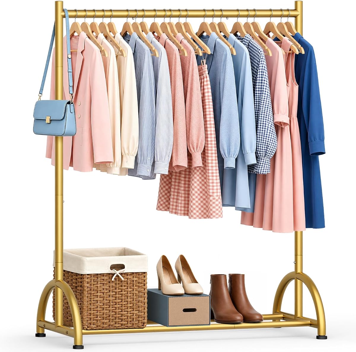 MISSLO Gold Clothing Rack Heavy Duty Clothes Racks for Hanging Clothes | Metal Garment Rack with Shelf for Dresses, Coats, Shirts Storage 200 LBS Wardrobe Rack for Bedroom, Laundry, Boutique