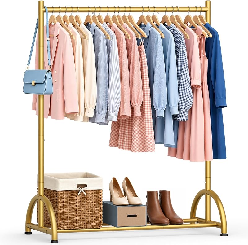 MISSLO Gold Clothing Rack Heavy Duty Clothes Racks for Hanging Clothes | Metal Garment Rack with Shelf for Dresses, Coats, Shirts Storage 200 LBS Wardrobe Rack for Bedroom, Laundry, Boutique