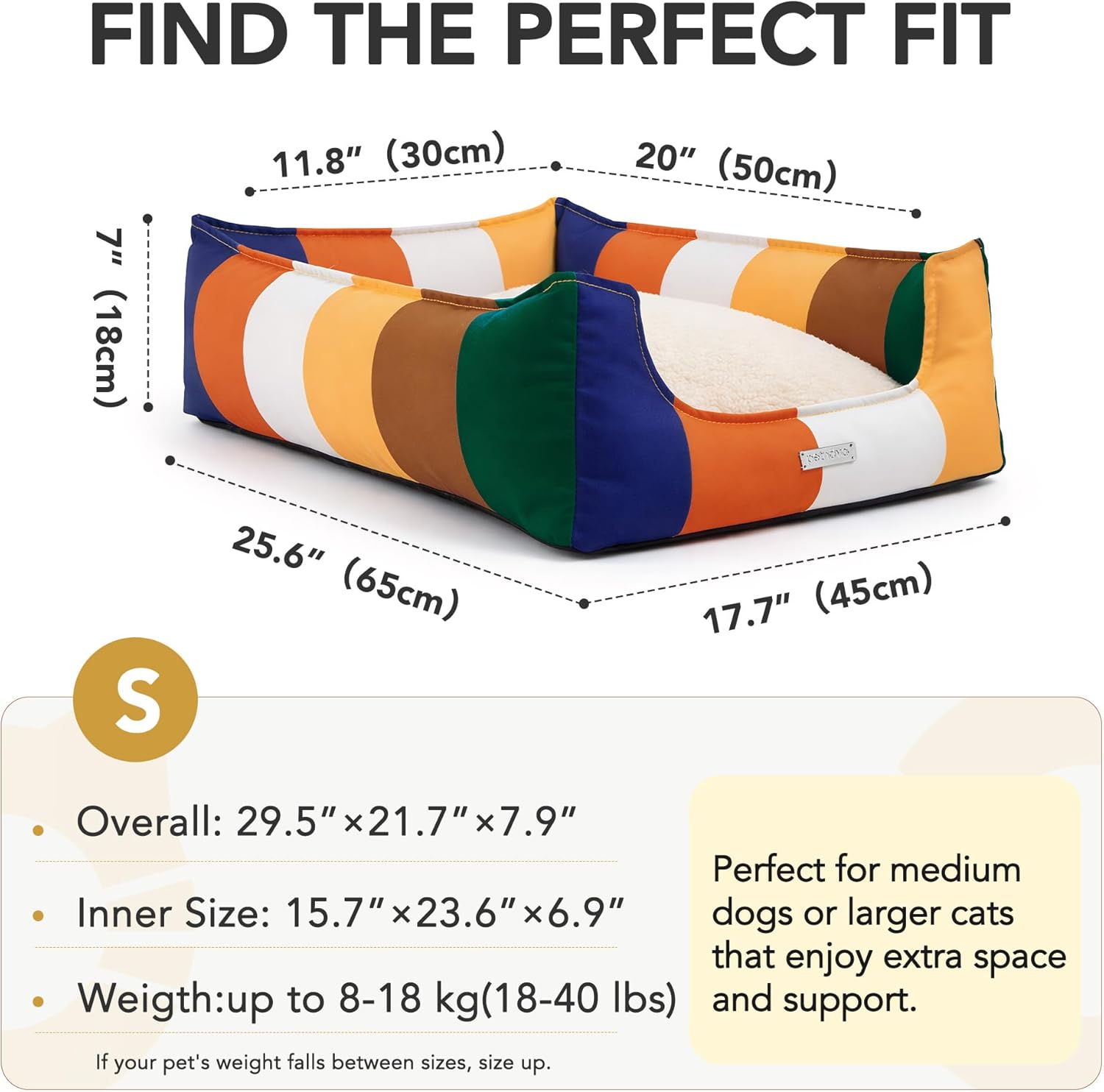 PETNOVO Dog Bed Small Dogs – Removable Washable Cover, Reversible Fleece Cushion, Non-Slip Bottom, Colorful Rainbow Pattern, Gift Box, 25.6 × 17.7 × 7.1 in