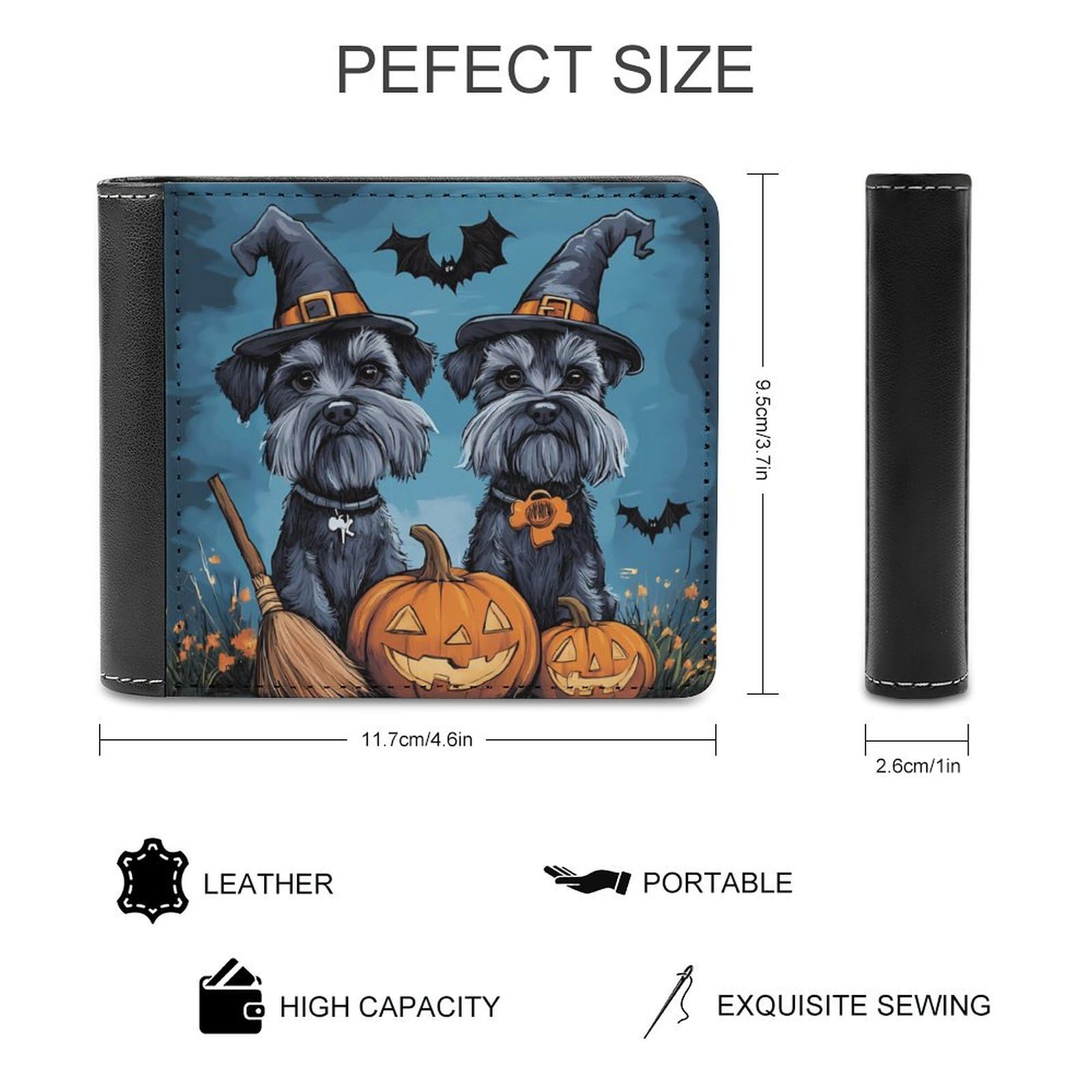 Halloween Schnauzer Cute Pumpkin Bat Spider Bifold Wallet PU Leather Slim Purse Pocket Wallet with Card Holder for Women Men