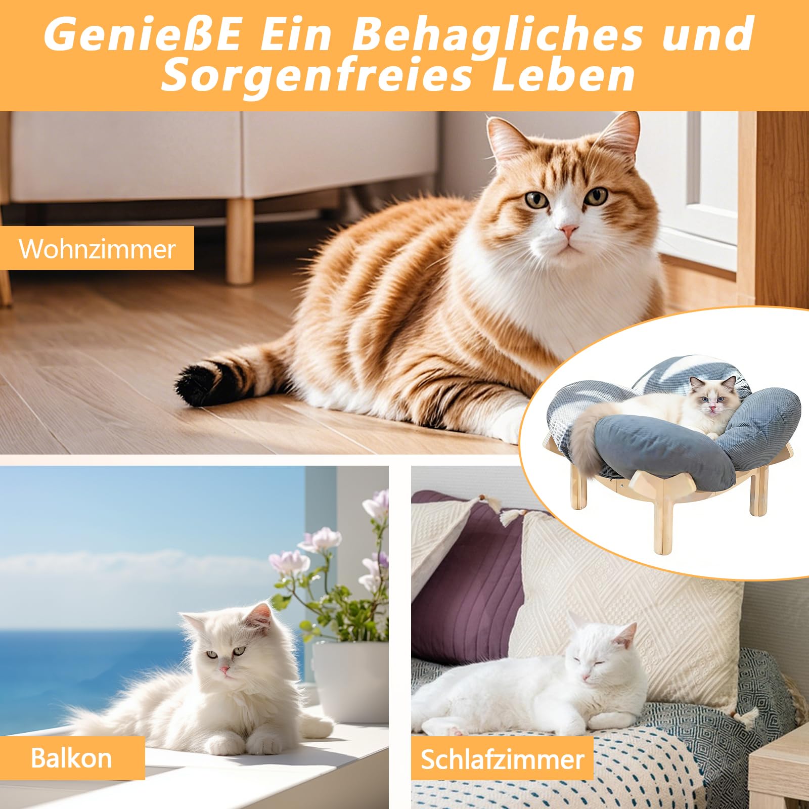 W&H Erhöhtes Katzenbett in Blumenform, 55 cm Großes Katzenkorb mit Kissen und Holzrahmen, Weiche Katzenkissen für Alle Katzen und Kleine Hunde, Grau
