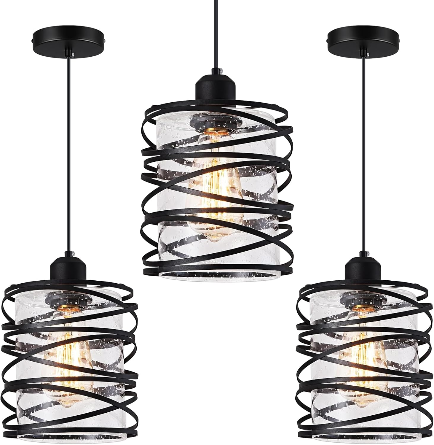 Modern Kitchen Island Lighting Pendant Lights Farmhouse Industrial Cage Black Pendant Light with Clear Glass, Cylindrical Pendant Light Fixtures