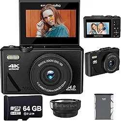 Acuvar Câmera digital 4K 64 MP para fotografia, câmera vlogging para YouTube com tela flip de 7.6 cm 180°, zoom digital 18X (kit iniciante, preto)