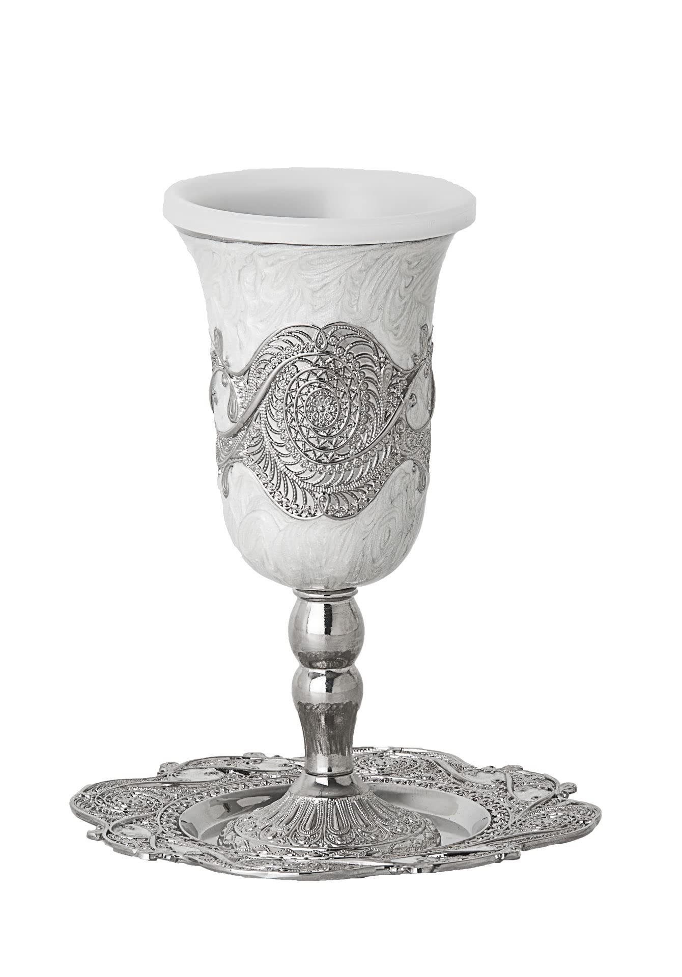 (D) Judaica Kiddush Cup on Base White Enamel with Tray 6.75 H