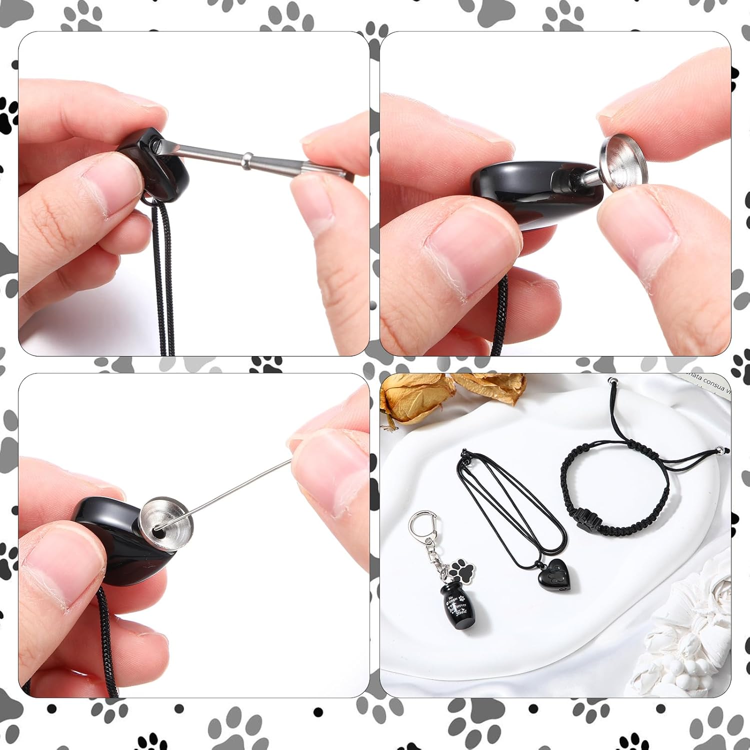 Tondiamo 3 Pcs Pet Cremation Jewelry for Ashes Dog Urns Keychain Cat Heart Urn Necklace Paw Print Bracelet Memorial Keepsake for Ashes with Filling Kit Storage Bag (Black)