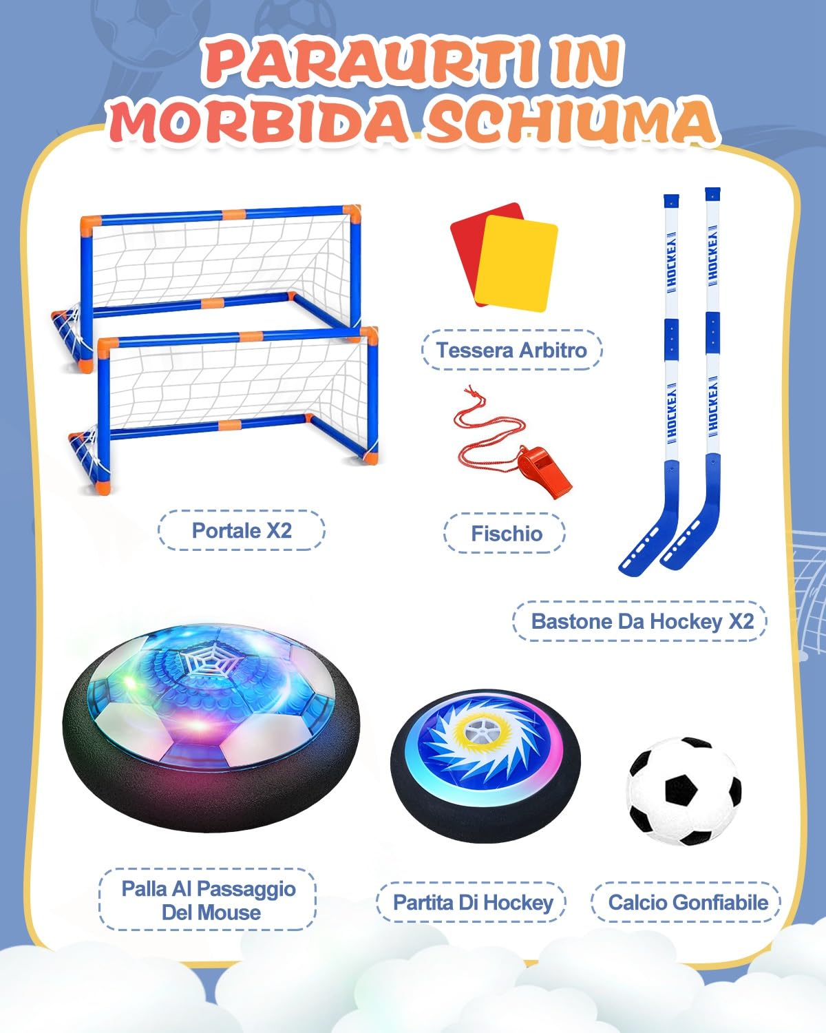 Maxesla Set da Hockey Pallone Calcio Fluttuante Ricaricabile, Air Hover Calcio con LED Luce Air Power Soccer Disc da Allenamento in Schiuma Morbida Paraurti per Indoor & Outdoor, con 2 Porta da Calcio