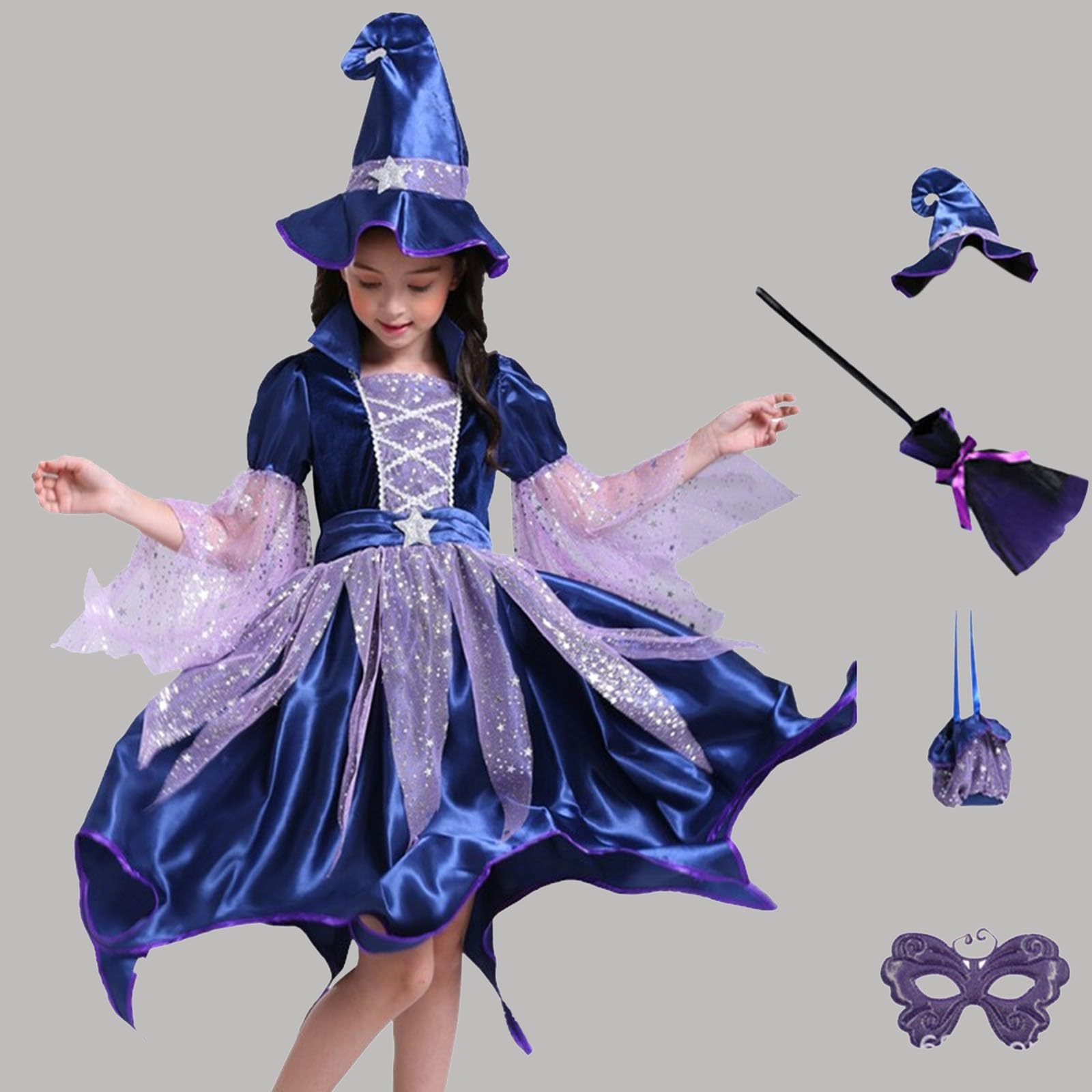 Costume Strega Bambina Completo 4 Pezzi: Vestito a Maniche Lunghe Tulle | Stelle Glitter, Cappello Strega, Bacchetta Magica e Borsetta Tracolla, Abito Cosplay Halloween, Spettacoli Teatrali