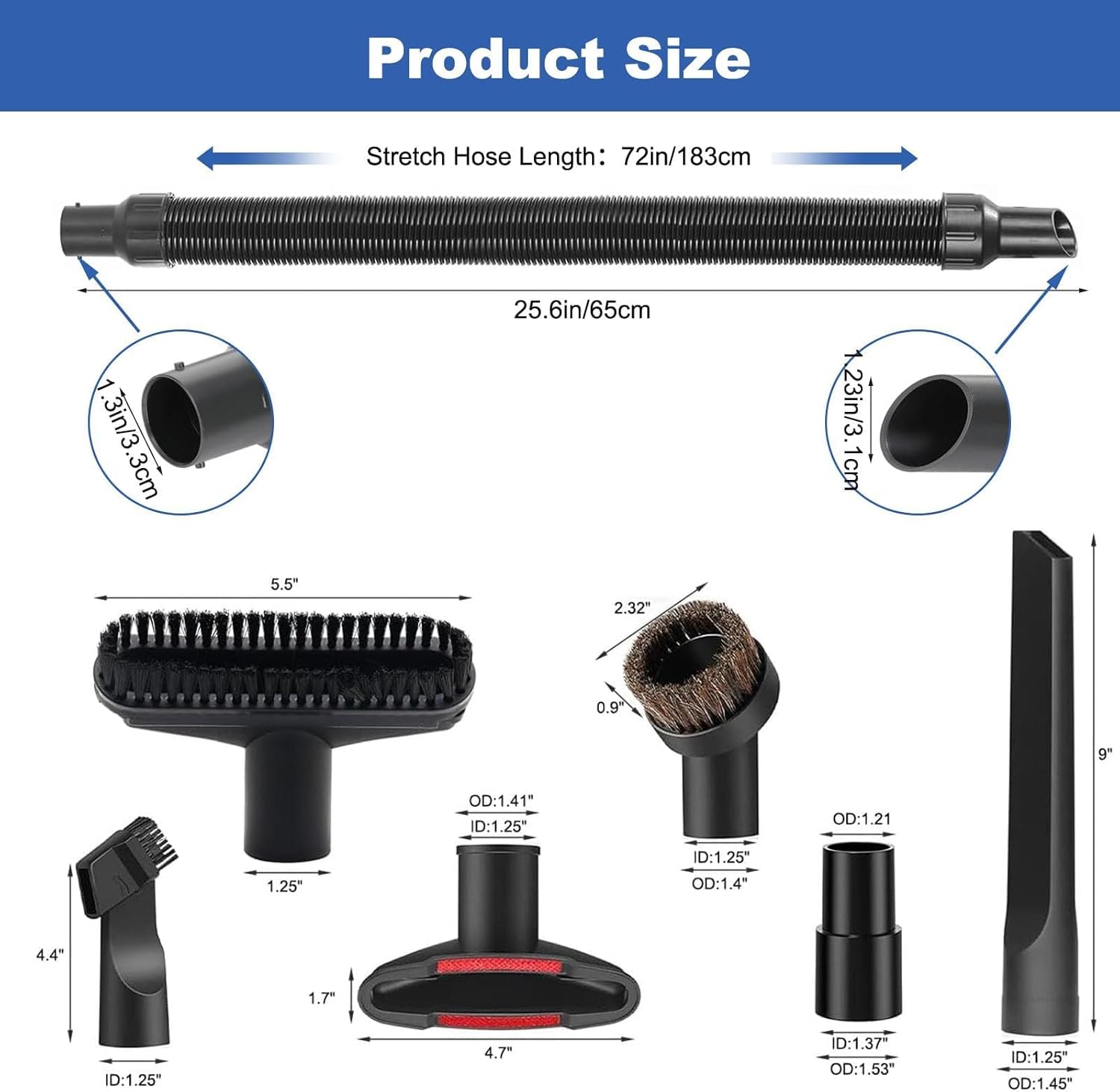 7PCS Vacuum Attachments Kit with 5140128-68 Replacement Vacuum Hose for DeWalt DCV580, DCV580H, DCV581H Wet/Dry Vacuum, Including Horsehair Brushes & Hose Adapter
