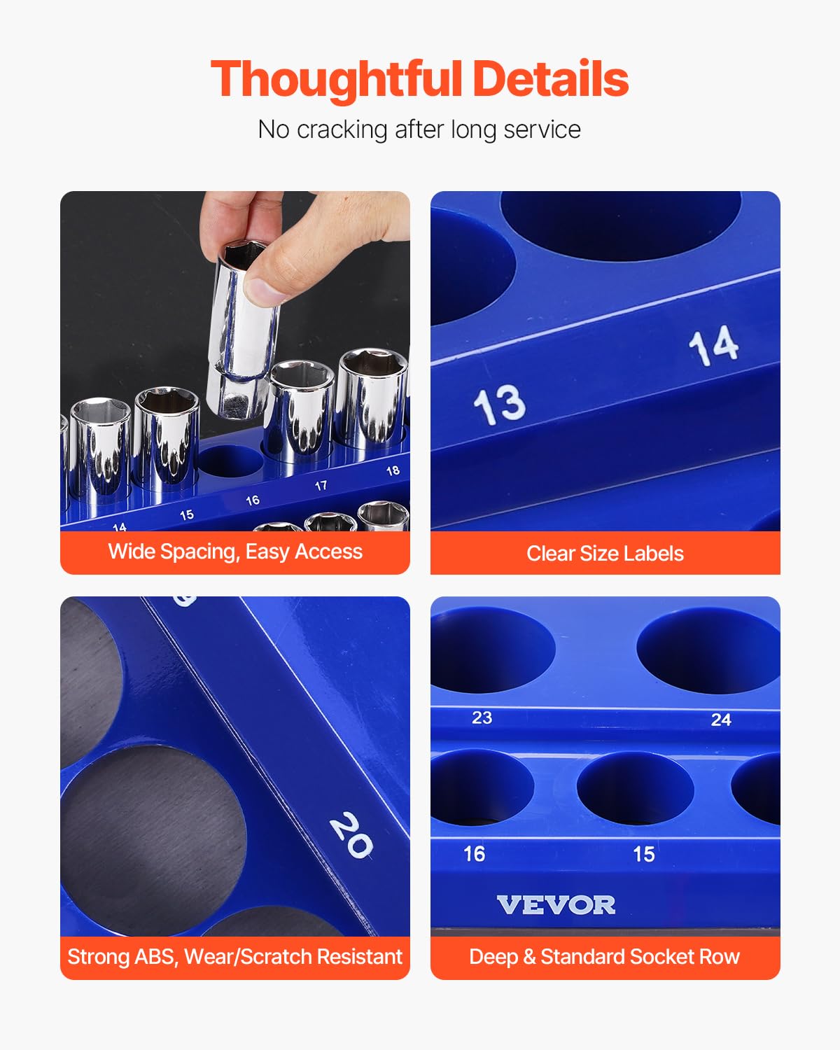 VEVOR Kit Organisateurs Douilles Magnétiques, Lot de 3, Plateaux de Douilles Métriques 1/4'', 3/8'', 1/2'', Étiquettes Transparentes, Capacité 75 Standard et Profondes Non Incluses, Bleu