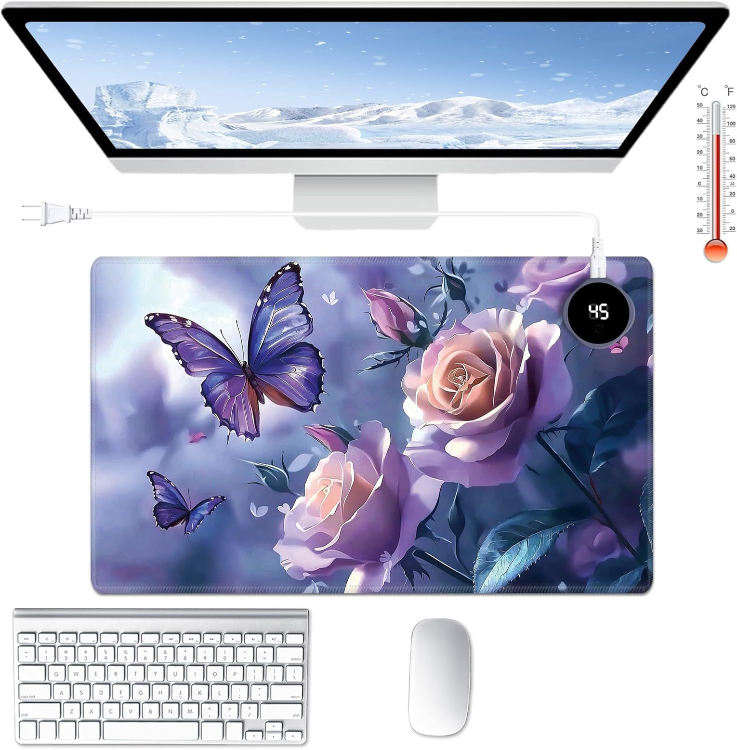 Heated Desk Pad Large Mouse Pad 23.6 x 14.1 inch with 3 Levels Heating & Auto Shut-Off Warm Mouse pad PU Leather Computer Mousepad for Home Office Work - Purple Rose Flower and Butterflies