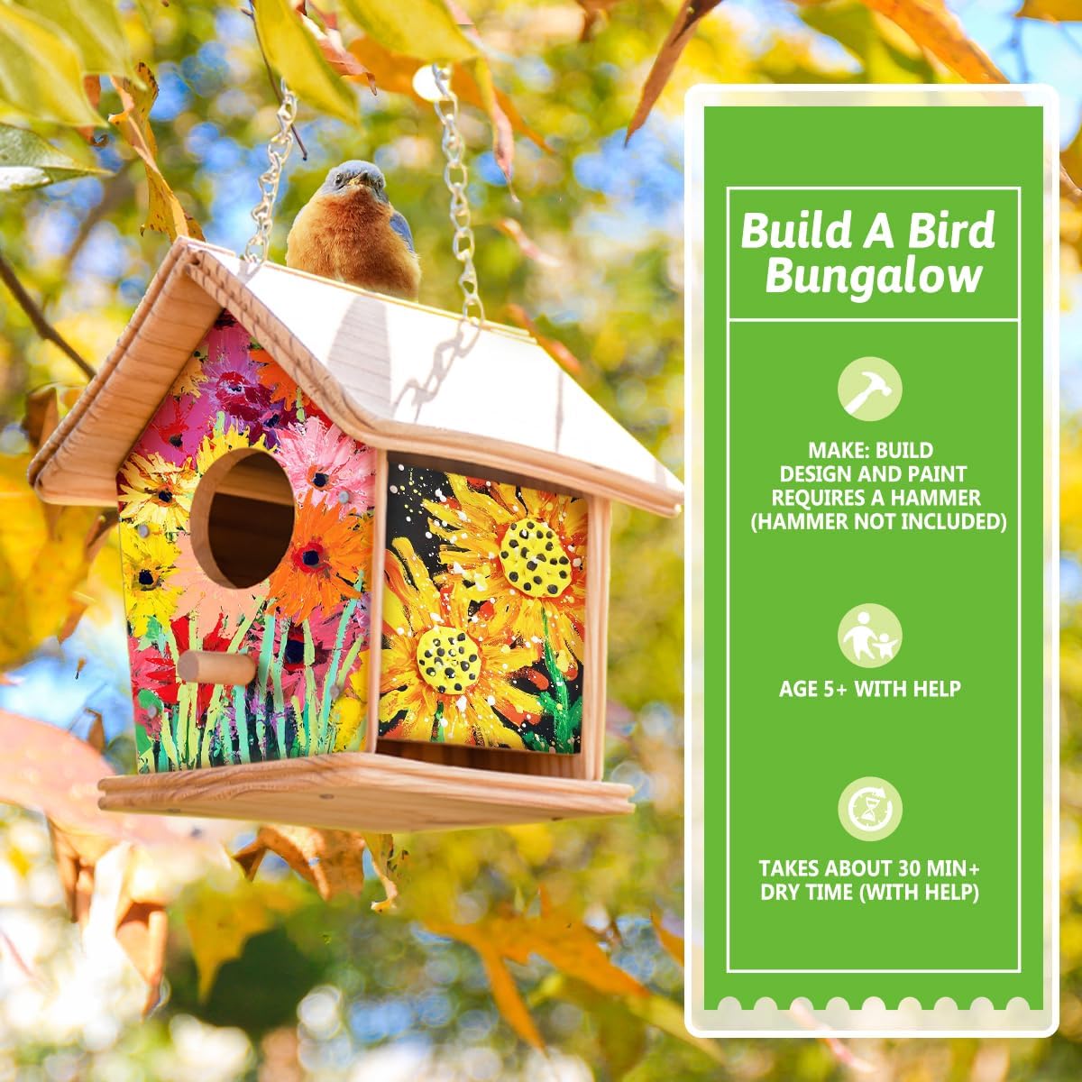 2pc DIY Birdhouse Kit for Kids, Cedar Wood Bird House Kits Bulk for Kids and Adults, Art Craft Outdoor Birdhouse, Solid Wood Weather Proof Material Painting Kit, Chain for Tree Hanging Age 8