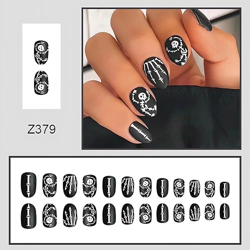Miniatura 2 de 24 uñas negras a presión de Halloween, uñas postizas medianas de forma ovalada para Halloween, uñas con pegamento en uñas con patrón de esqueleto