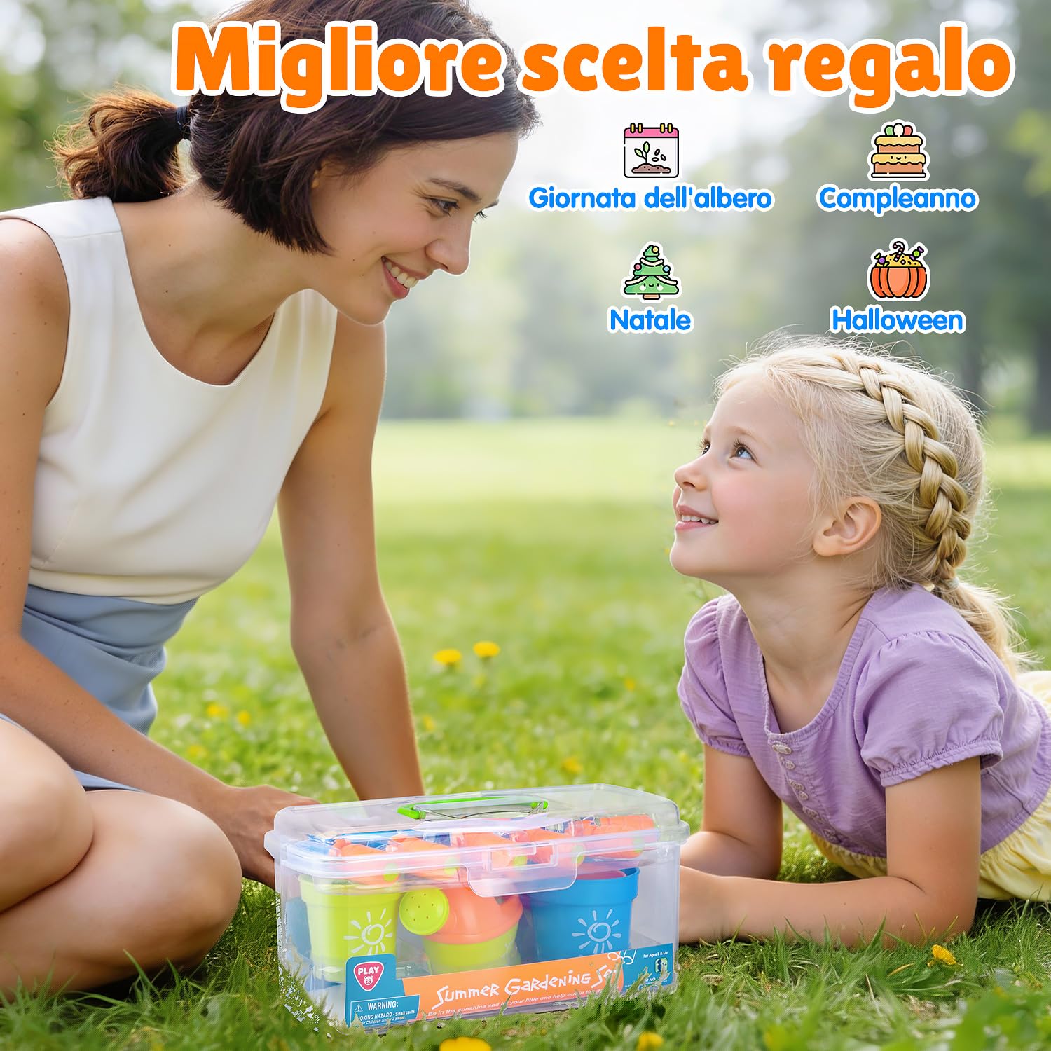 PLAY Set Attrezzi Giardino per Bambini, Utensili Giardino con Pala, Forchetta, Forbici, Vaso, Annaffiatoio, Targhetta e Contenitore, Kit Giardino per Bambini dai 3 Anni in su