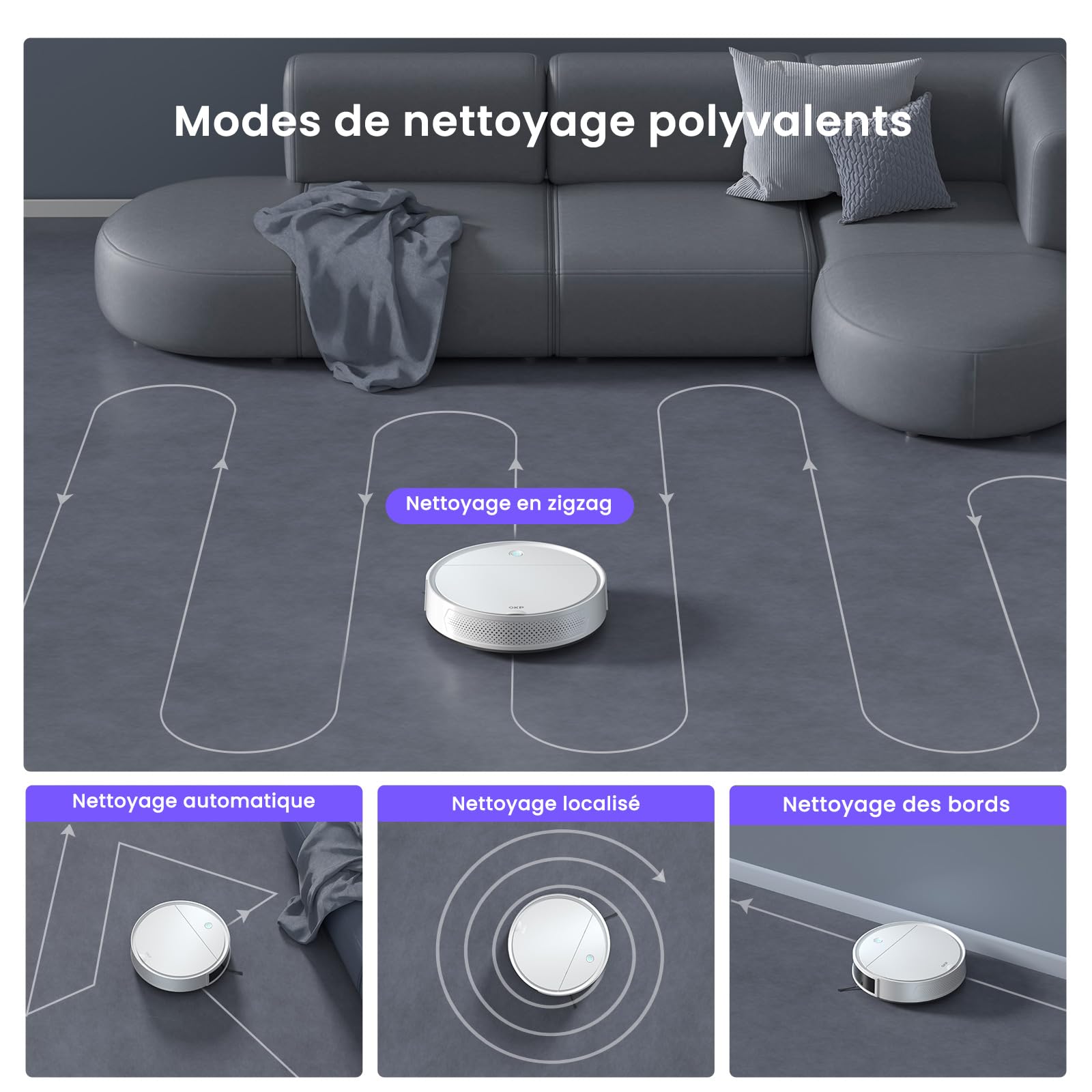 OKP K5 Pro Aspirateur Robot, 5000 Pa,180 Minutes,Ultra-Mince 7,7 cm, Évitement d'obstacles PSD, Silencieux, Adapté aux sols durs et Efficace Contre Les Poils d'animaux, Wi-FI/App/Alexa, Blanc