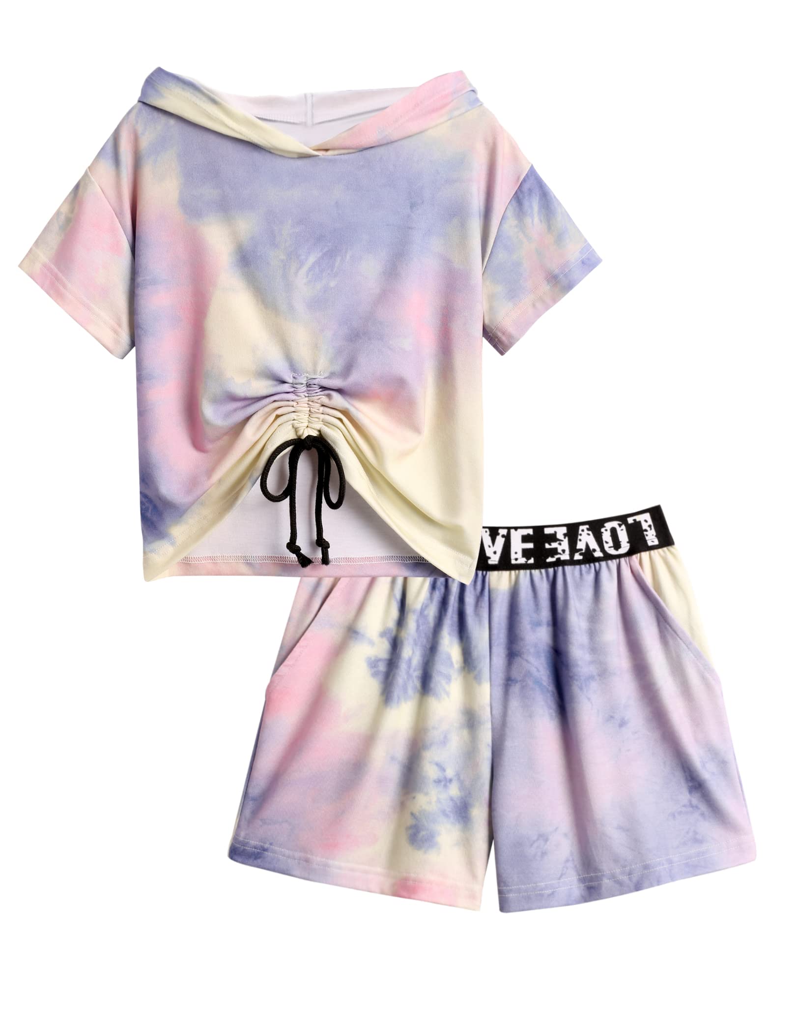 Arshiner Niñas Batik Ropa Conjuntos De Manga Corta Camisetas Con Capucha Con Pantalones Cortos Conjuntos Deportes Ocio Moda Tie-dye Niños Verano Ropa Conjunto para Niñas 7-8 años
