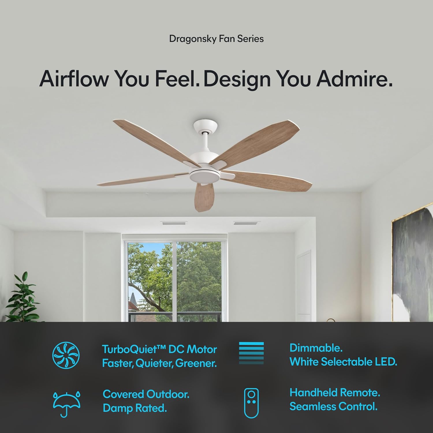 KASTLITE 56-Inch Matte White Ceiling Fan with Light & Remote Control | 6CCT LED, Quiet Energy Efficient DC Motor Cooling & Lighting Fixture for Living Room | Reversible White & Oak Blades | Dragonsky