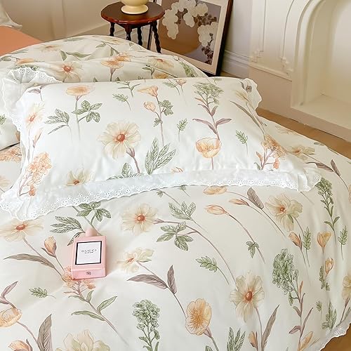 Miniatura 3 de OTOB Juego de funda de edredón floral, tamaño Queen, color beige, 100% algodón, con cierre de cremallera, 4 lazos para todas las estaciones, funda