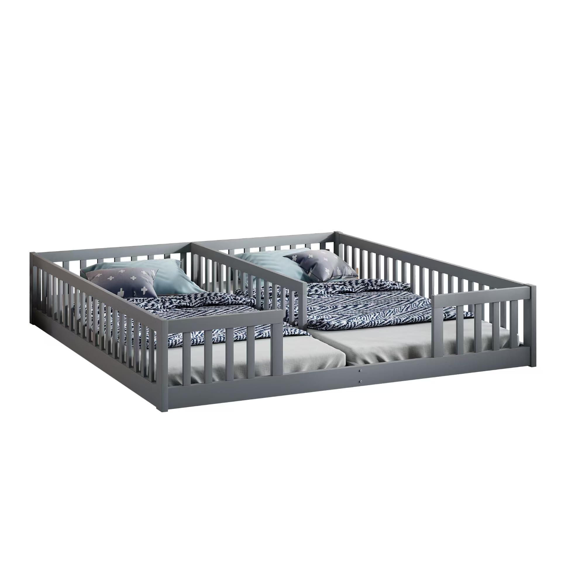 Cama tapizada, 90 x 200 cm, cuna con barandilla, con somier (sin colchón), para familias con dos niños, madera de pino, estilo minimalista (gris, con somier)