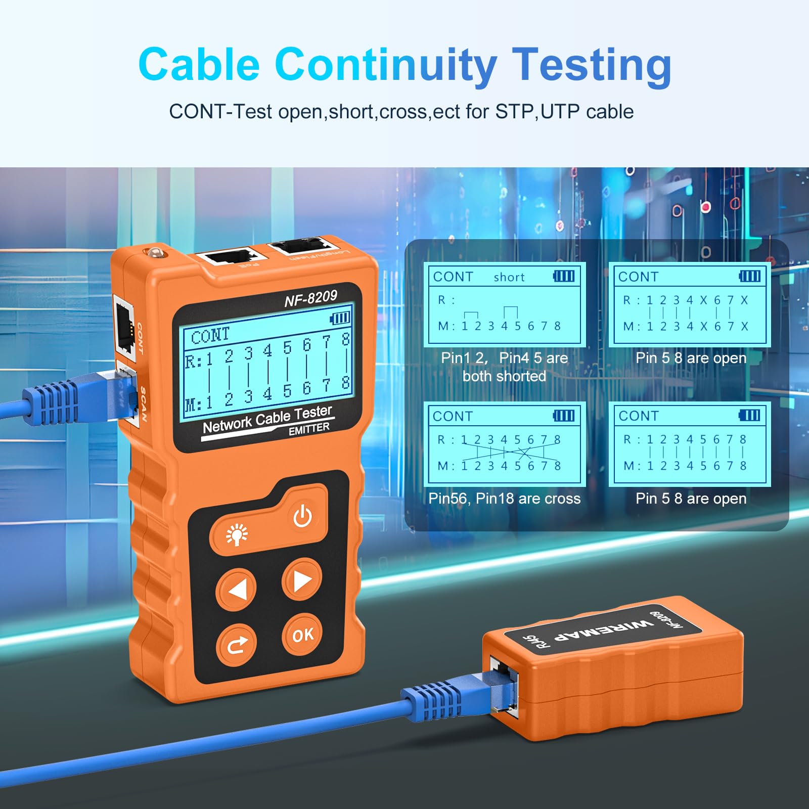 probador de cables con PoE Multifunción Wire Tracker Network Cable Tester NF-8209 con cable LAN LCD sin contacto para Cat5 Cat6 Tracker subterráneo de línea telefónica herramienta