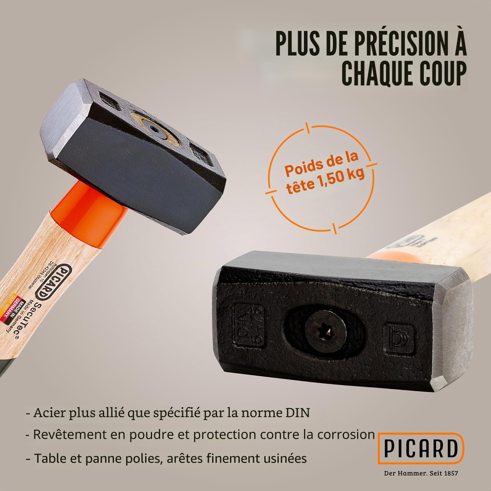 PICARD Massette SecuTec® Nr. 43 HS, 1500 g | Masse robuste avec système de sécurité breveté | Système de sécurité SecuTec®| Protection anticorrosion et manche ergonomique | Marteau